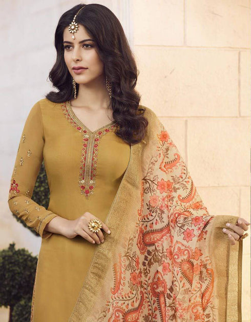 Muslin Satin Georgette Mustard Straight Suit Palazzo Bottom