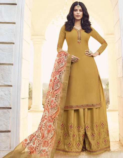Muslin Satin Georgette Mustard Straight Suit Palazzo Bottom