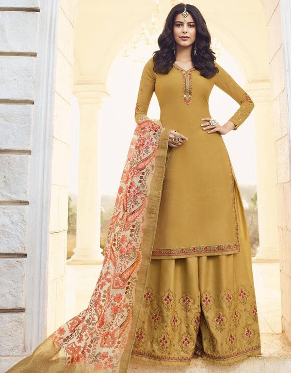 Muslin Satin Georgette Mustard Straight Suit Palazzo Bottom