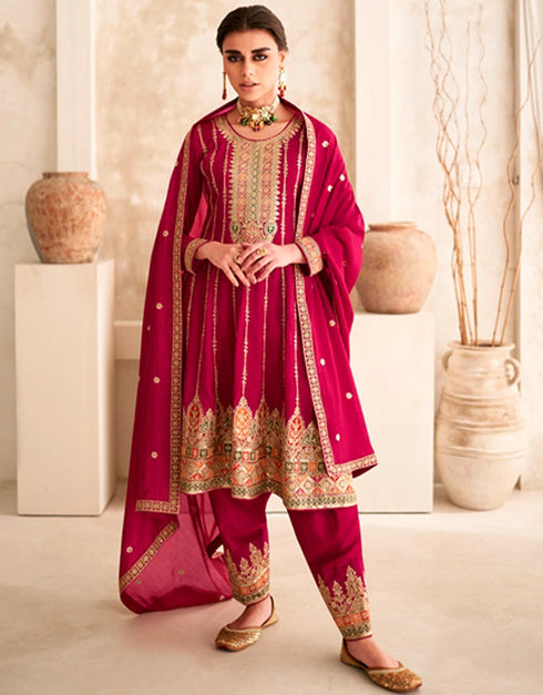 Treding Party Wear Premium Silk Premium Salwar Suit Rose Red Premium Silk Pant Suit Close-up View