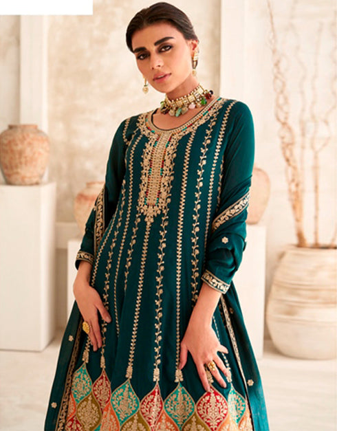 Treding Party Wear Premium Silk Premium Salwar Suit Bottle Green Premium Silk Pant Suit Back View