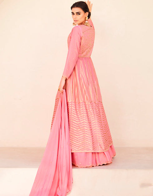 Designer Party Wear Readymade Salwar Suit Pink Premium Silk Lehenga Suit Close-up View