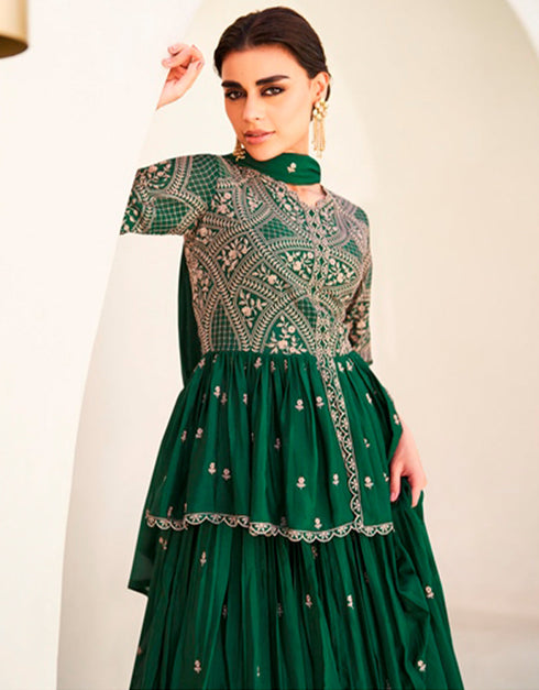 Designer Party Wear Readymade Salwar Suit Green Premium Silk Lehenga Suit Back View