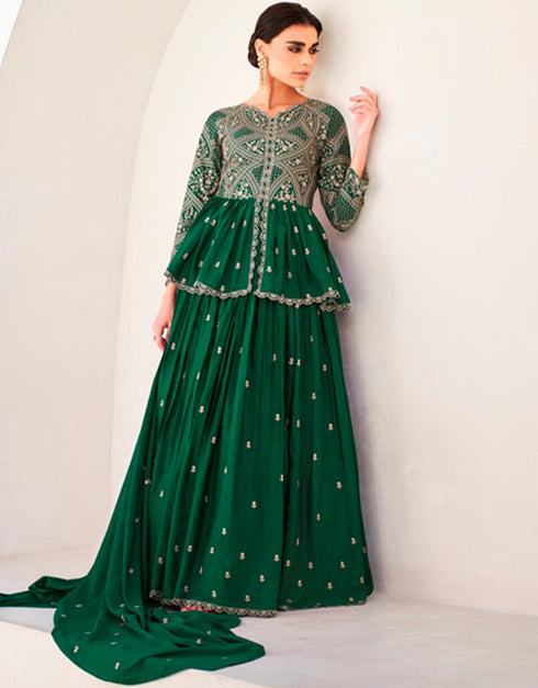 Designer Party Wear Readymade Salwar Suit Green Premium Silk Lehenga Suit Front View