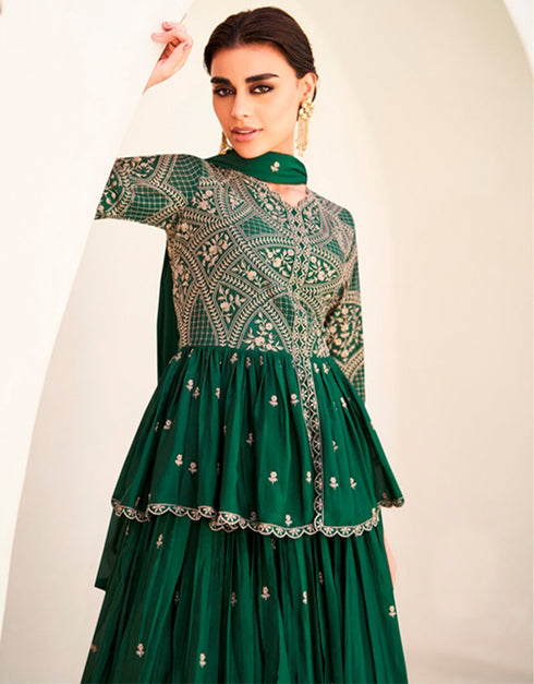 Designer Party Wear Readymade Salwar Suit Green Premium Silk Lehenga Suit Side View