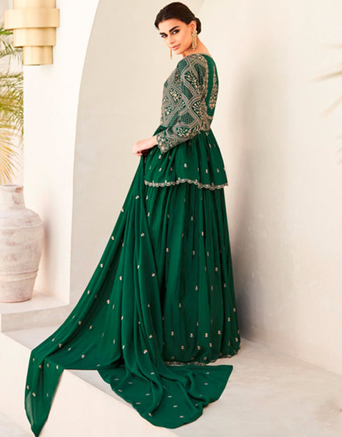 Designer Party Wear Readymade Salwar Suit Green Premium Silk Lehenga Suit Close-up View