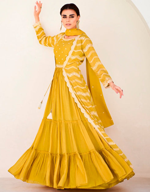 Designer Party Wear Readymade Salwar Suit Yellow Premium Silk Lehenga Suit Front View