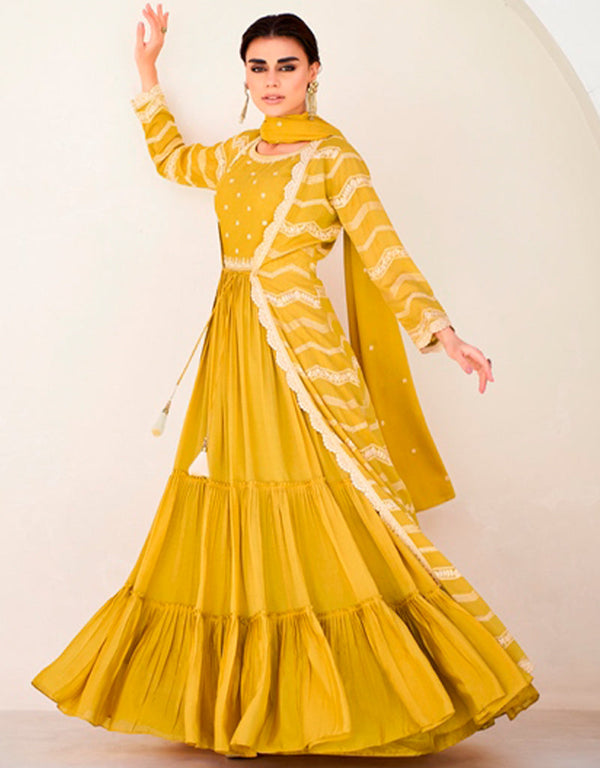 Designer Party Wear Readymade Salwar Suit Yellow Premium Silk Lehenga Suit Front View
