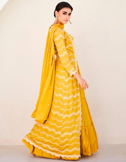 Designer Party Wear Readymade Salwar Suit Yellow Premium Silk Lehenga Suit Close-up View