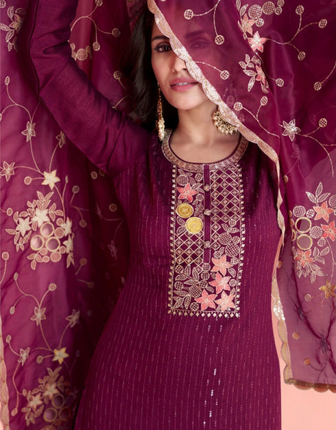 stylish wine berry premium silk heavy designer wedding wear salwar suit with wine berry premium silk ie-9815 Back View