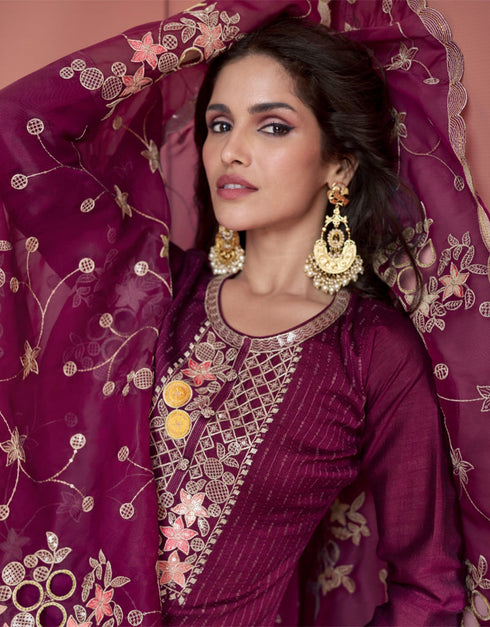 stylish wine berry premium silk heavy designer wedding wear salwar suit with wine berry premium silk ie-9815 Close-up View