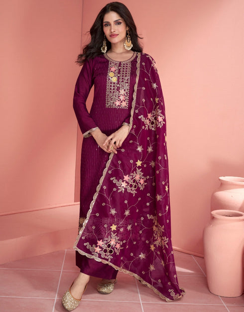 stylish wine berry premium silk heavy designer wedding wear salwar suit with wine berry premium silk ie-9815 Front View
