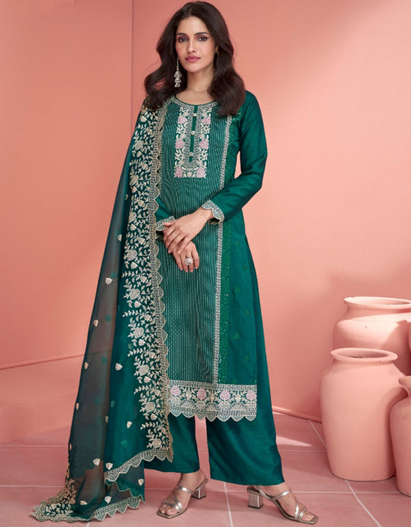 trendy deep teal premium silk heavy designer wedding wear salwar suit with deep teal premium silk ie-9817 Front View
