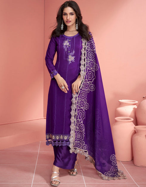 elegant grape purple premium silk heavy designer wedding wear salwar suit with grape purple premium silk ie-9818 Front View