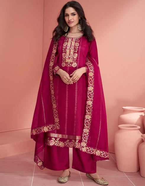 fashionable purple red premium silk heavy designer wedding wear salwar suit with purple red premium silk ie-9819 Back View