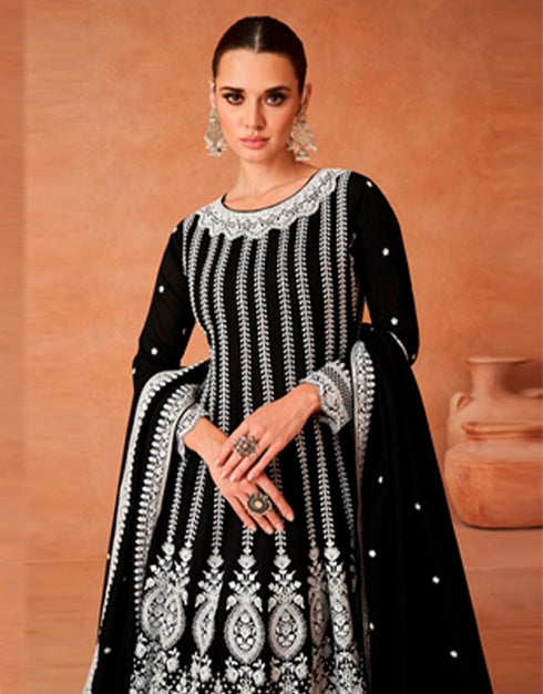 Designer Party Wear Readymade Salwar Suit Black Premium Silk Palazzo Suit Close-up View