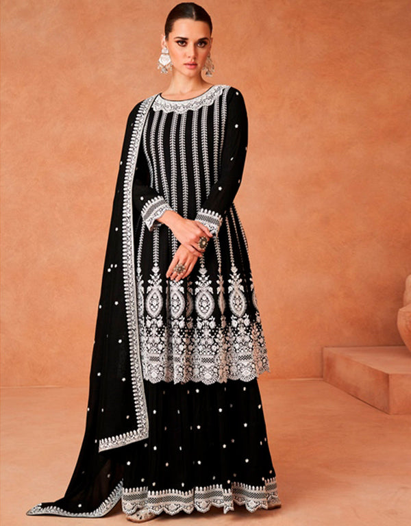 Designer Party Wear Readymade Salwar Suit Black Premium Silk Palazzo Suit Front View