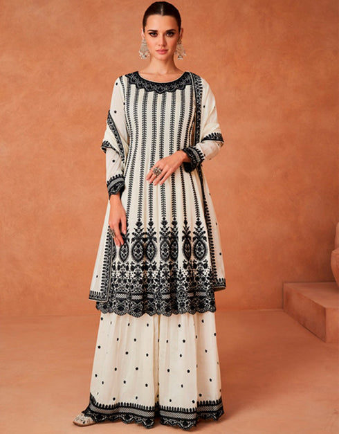 Designer Party Wear Readymade Salwar Suit White Premium Silk Palazzo Suit Front View