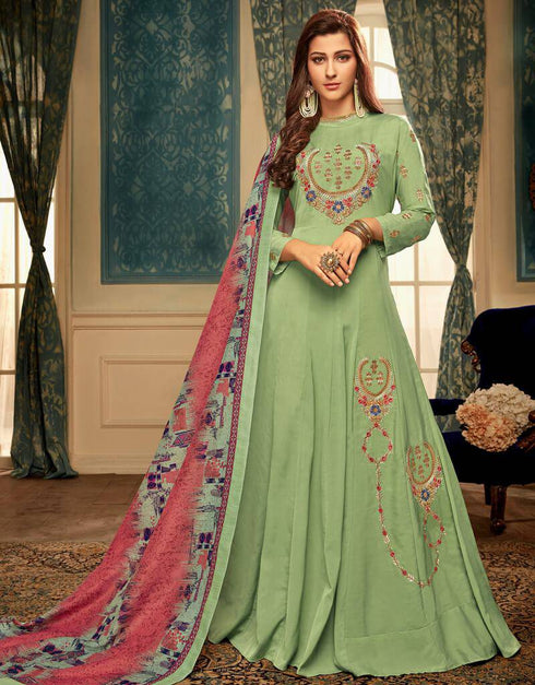 Heavy Maslin Parrotgreen Straight Suit Anarkali Bottom