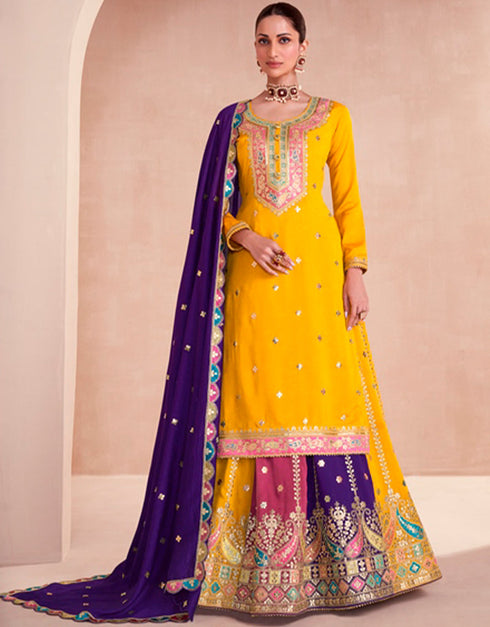 stylish mikado yellow premium silk heavy designer traditional wear salwar suit with multi premium silk ie-9832 Front View