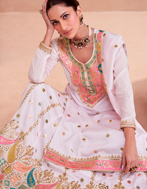 trendy white premium silk heavy designer traditional wear salwar suit with white premium silk ie-9834 Close-up View