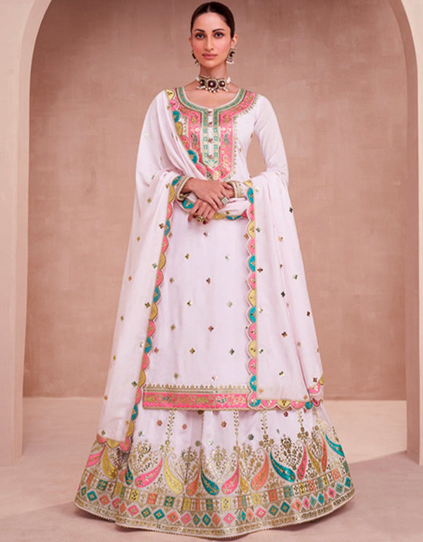 trendy white premium silk heavy designer traditional wear salwar suit with white premium silk ie-9834 Front View