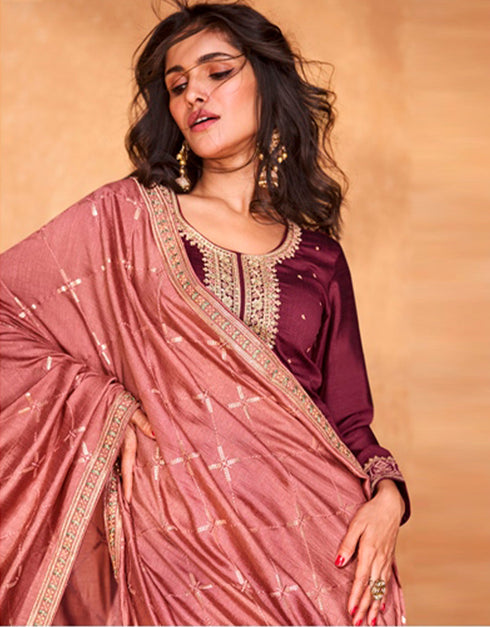 stylish wine red premium silk heavy designer wedding wear georgette salwar suit with wine red premium silk ie-9866 Close-up View