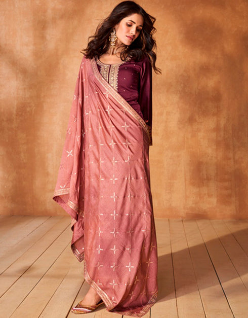 stylish wine red premium silk heavy designer wedding wear georgette salwar suit with wine red premium silk ie-9866 Back View