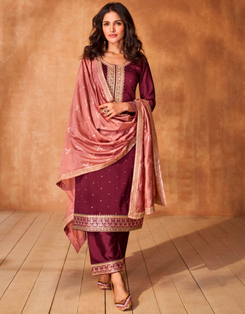 stylish wine red premium silk heavy designer wedding wear georgette salwar suit with wine red premium silk ie-9866 Front View