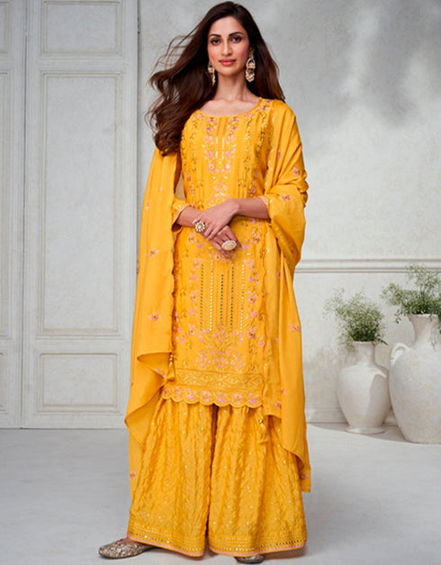sleek persian orange premium chinnon silk designer traditional wedding wear salwar suit with persian orange premium chinnon silk ie-9872 Front View