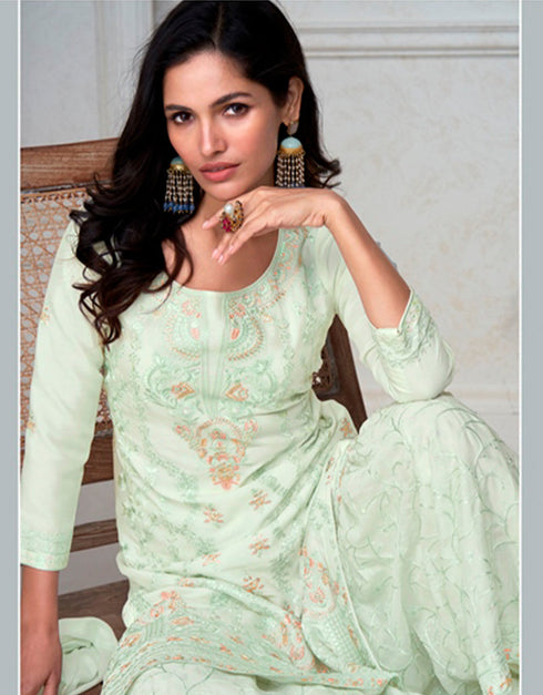 modern green white premium chinnon silk designer traditional wedding wear salwar suit with green white premium chinnon silk ie-9873 Close-up View