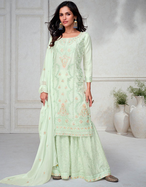 modern green white premium chinnon silk designer traditional wedding wear salwar suit with green white premium chinnon silk ie-9873 Front View