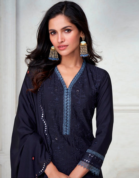 sophisticated dark blue premium chinnon silk designer traditional wedding wear salwar suit with dark blue premium chinnon silk ie-9874 Close-up View