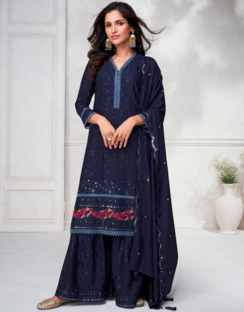 sophisticated dark blue premium chinnon silk designer traditional wedding wear salwar suit with dark blue premium chinnon silk ie-9874 Front View