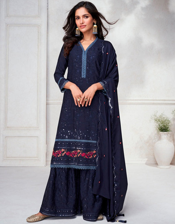 sophisticated dark blue premium chinnon silk designer traditional wedding wear salwar suit with dark blue premium chinnon silk ie-9874 Front View