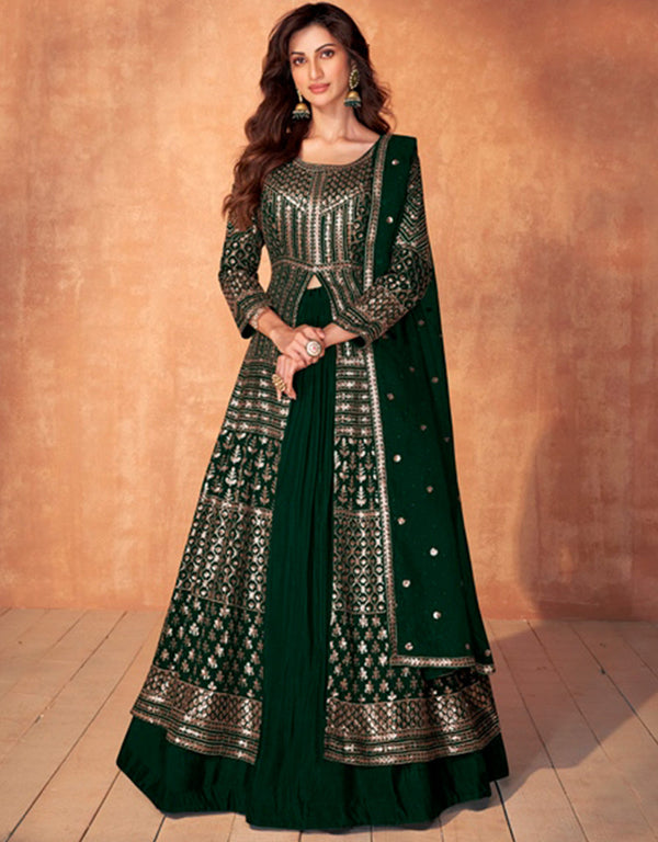stylish palm green real georgette designer party wear readymade salwar suit with palm green real georgette ie-9886 Front View