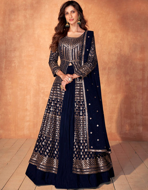 chic dark blue real georgette designer party wear readymade salwar suit with dark blue real georgette ie-9887 Front View