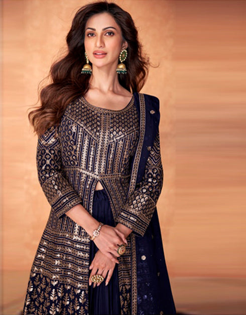 chic dark blue real georgette designer party wear readymade salwar suit with dark blue real georgette ie-9887 Close-up View