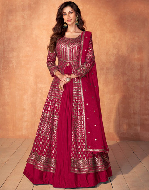 trendy lipstick red real georgette designer party wear readymade salwar suit with lipstick red real georgette ie-9888 Front View