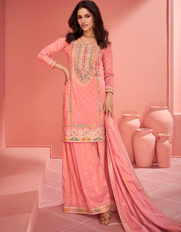 trendy coral pink organza simar silk designer party wear salwar suit with coral pink organza simar silk ie-9896 Front View