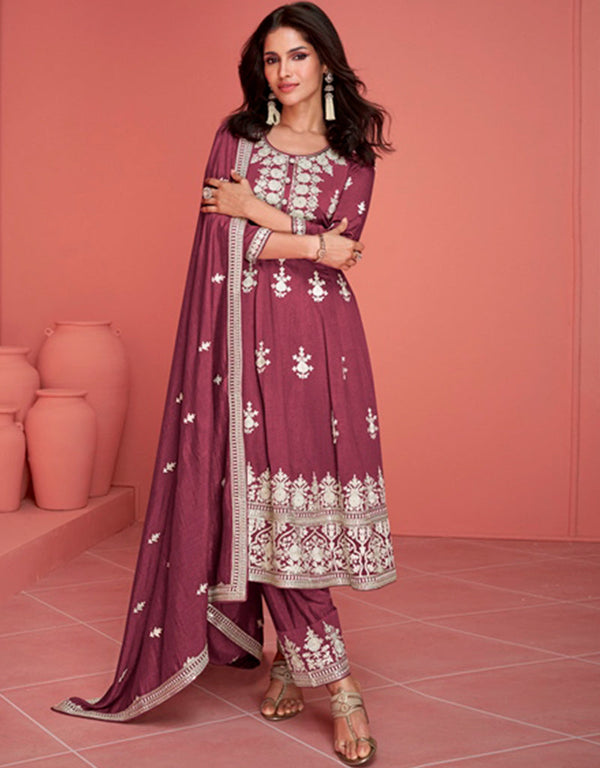 stylish light maroon premium silk heavy designer wedding wear salwar suit with light maroon premium silk ie-9897 Front View
