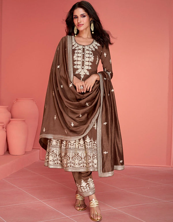 trendy deep coffee premium silk heavy designer wedding wear salwar suit with deep coffee premium silk ie-9899 Front View
