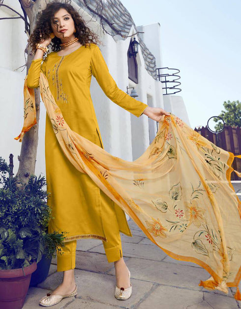 Jam Silk Yellow Straight Suit Pant Bottom