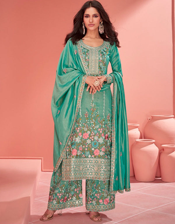 fashionable greyish teal organza simar silk heavy designer wedding wear salwar suit with greyish teal organza simar silk ie-9963 Front View