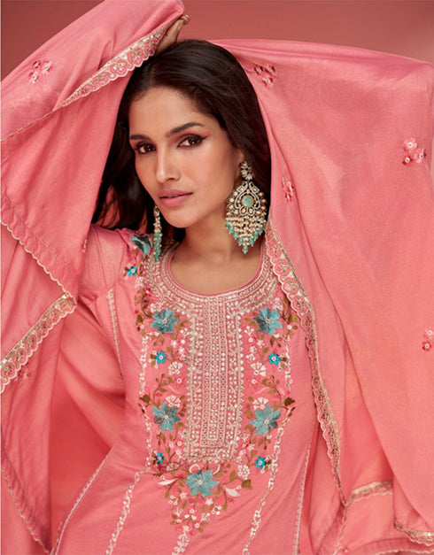 sleek coral pink organza simar silk heavy designer wedding wear salwar suit with coral pink organza simar silk ie-9964 Back View