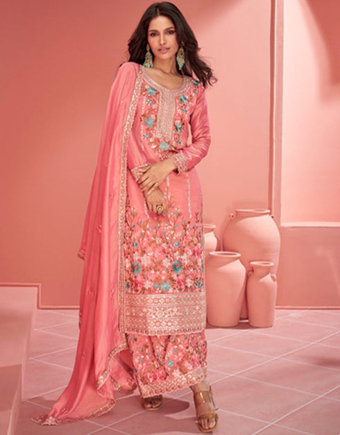 sleek coral pink organza simar silk heavy designer wedding wear salwar suit with coral pink organza simar silk ie-9964 Side View