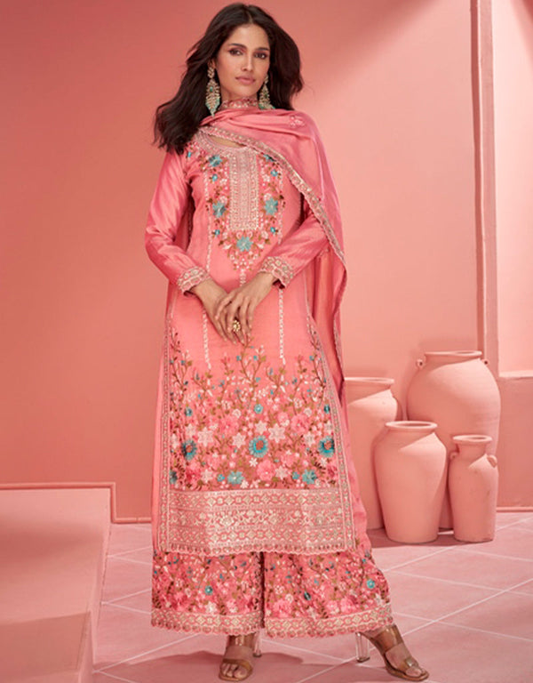 sleek coral pink organza simar silk heavy designer wedding wear salwar suit with coral pink organza simar silk ie-9964 Front View