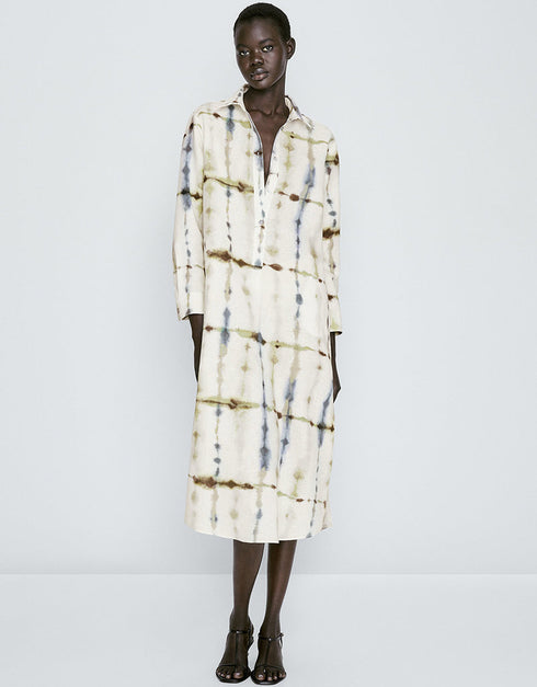 Trendy Designer Party Wear Elegant Calf Length Shirt Dress Cream Linen Blend Dress Front View