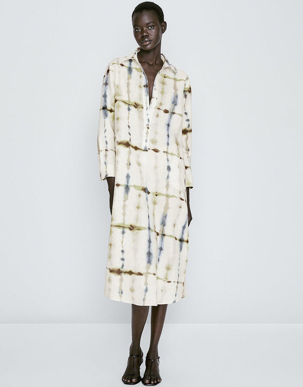 Trendy Designer Party Wear Elegant Calf Length Shirt Dress Cream Linen Blend Dress Front View