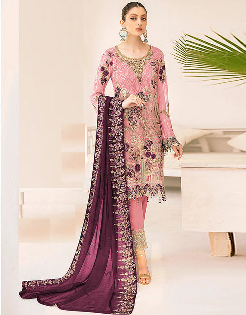Designer Party Wear Faux Georgett Pakistani Suit Collection Pink Faux Georgette Pant Pakistani Suits Front View